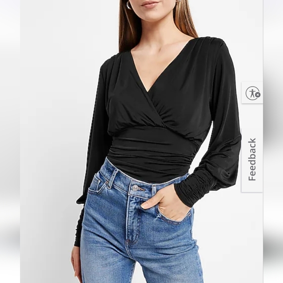Express Tops - Express Black V Neck Ruched Long Sleeve Blouse